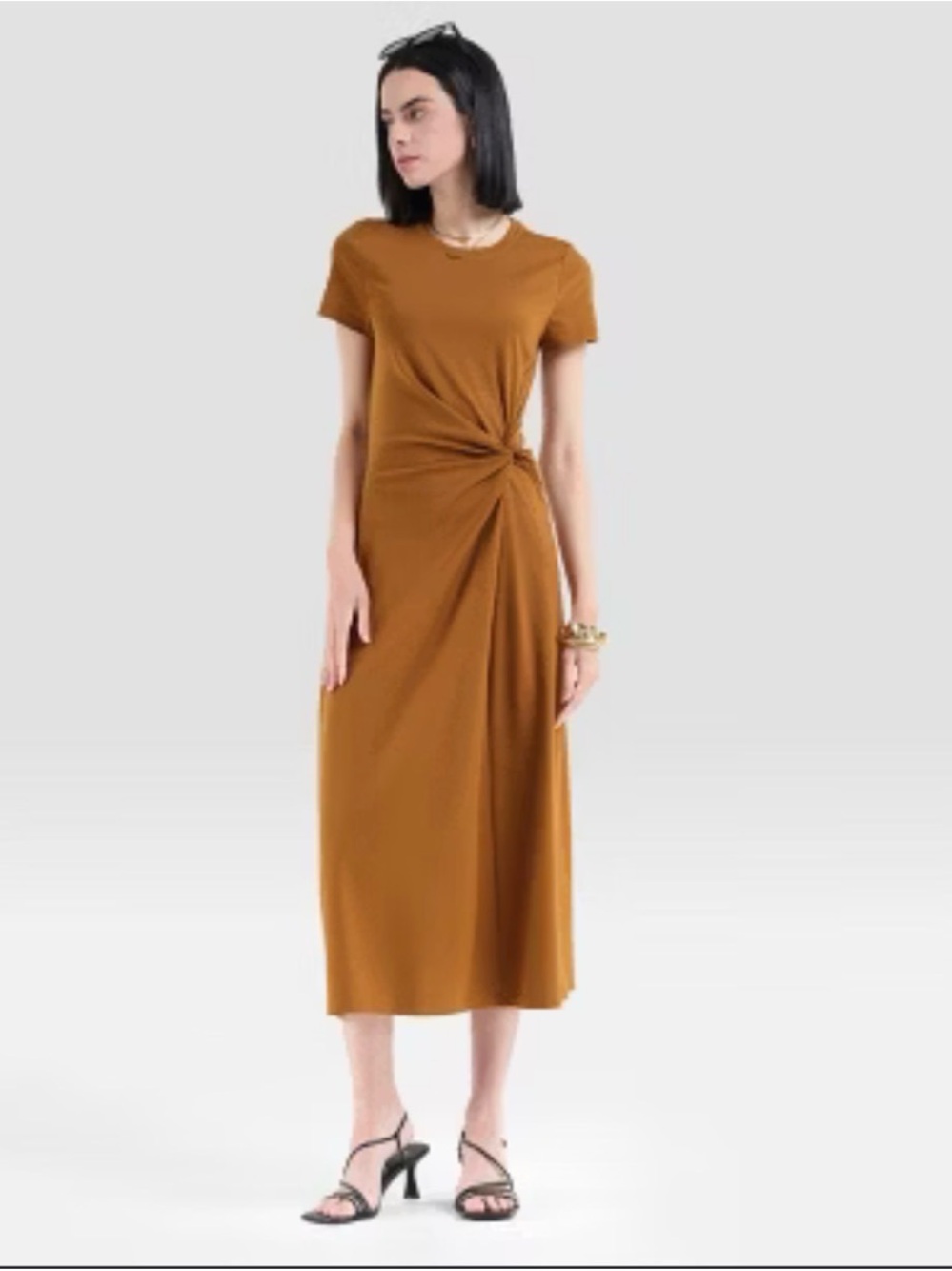 Lush Knot-Detail Midi Dress in Caramel Brown